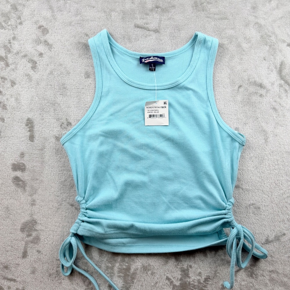 Freshman 1996 Women's Small Angel Blue Ribbed Side Tie Cinch Crop Tank Top NWT‎